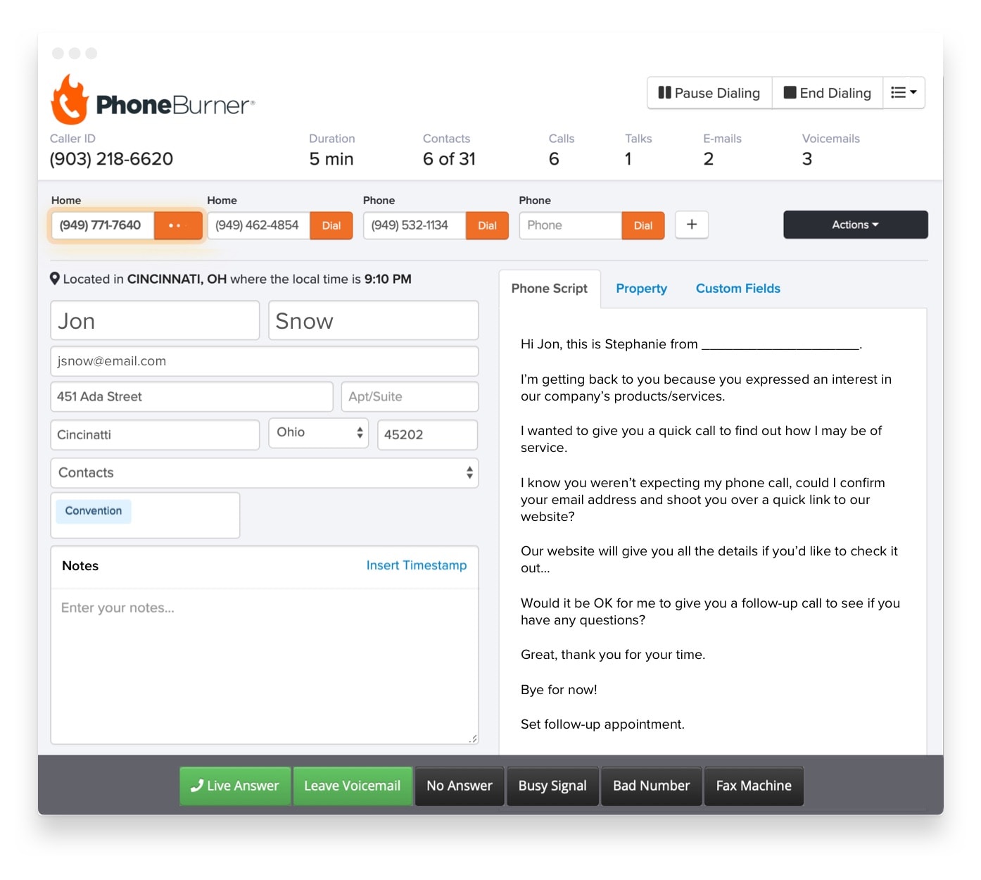 PhoneBurner's main dialer window in action.